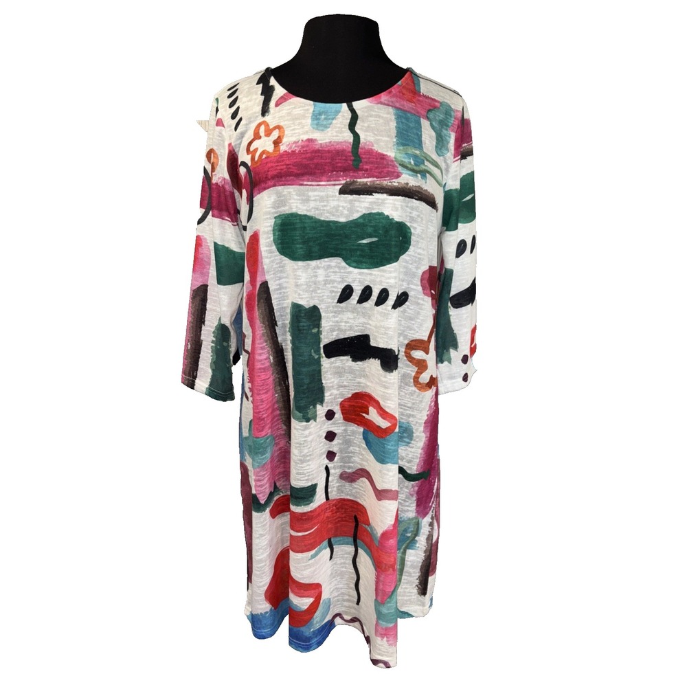 NEW Shana Artsy Dress‎ Women's Size M White Multi 3/4 Sleeve Stretch Boho